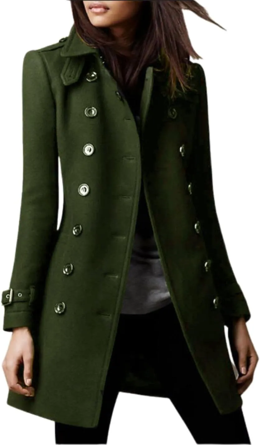 Kwoki Women's Double Breasted Trench Coat Solid Color Stand Collar Fall Winter Wool Blend Jacket