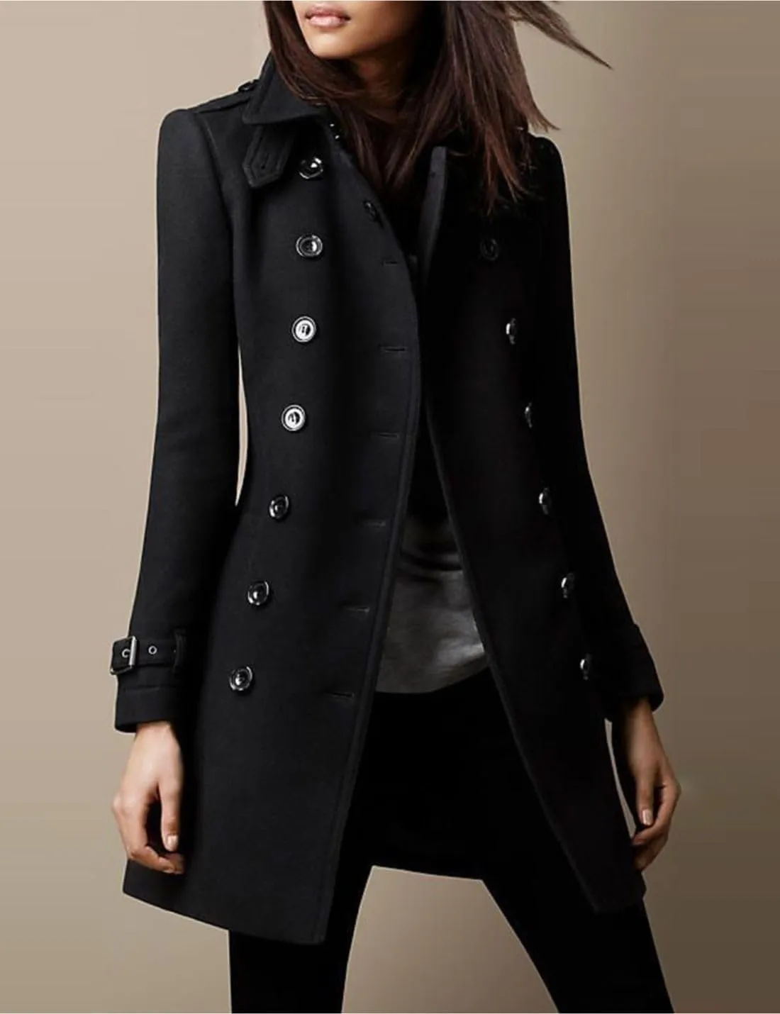 Kwoki Women's Double Breasted Trench Coat Solid Color Stand Collar Fall Winter Wool Blend Jacket