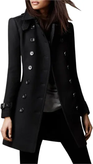 Kwoki Women's Double Breasted Trench Coat Solid Color Stand Collar Fall Winter Wool Blend Jacket