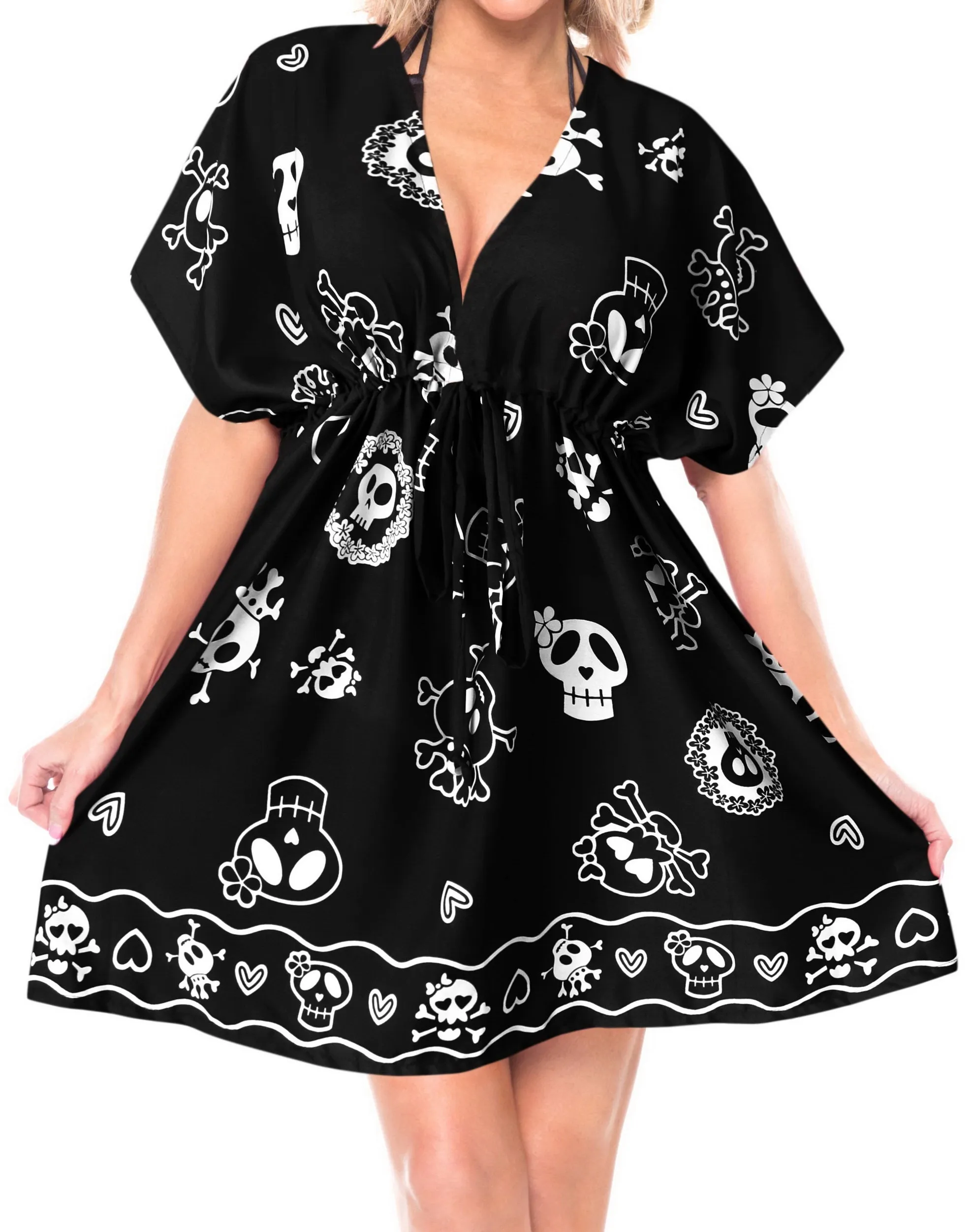 La Leela Women's Halloween Skull Cross & Pirates Scary Printed Black Bikini Cover up
