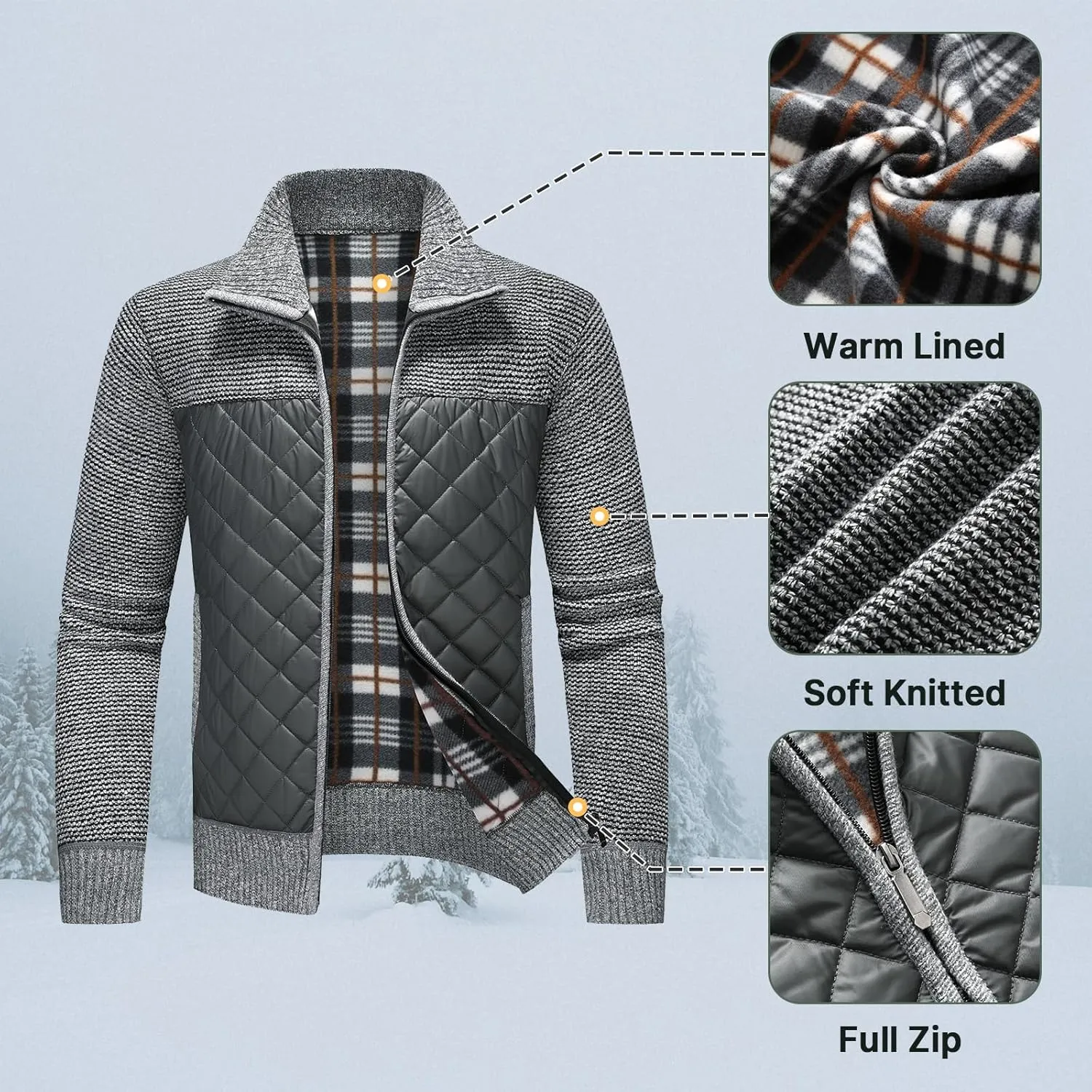 Lamgool Men's Full Zip Sweater Long Sleeve Casual Slim Fit Cardigan Sweaters