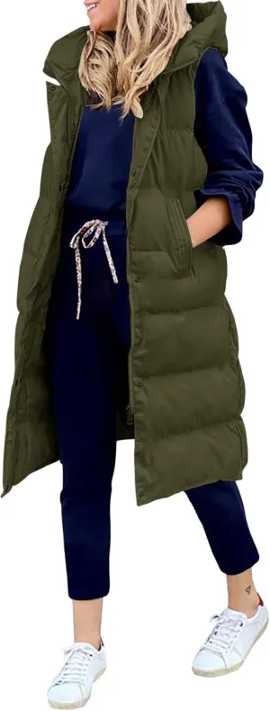 LEANI Womens Long Puffer Vest Full-Zip Hooded Sleeveless Jacket Coats with Pockets