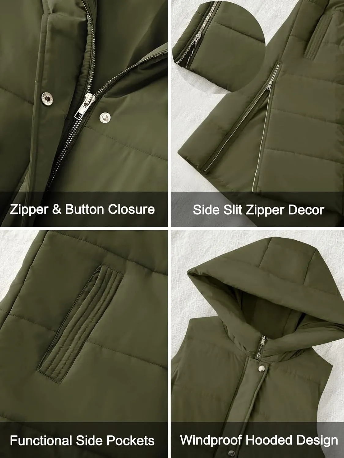 LEANI Womens Long Puffer Vest Full-Zip Hooded Sleeveless Jacket Coats with Pockets