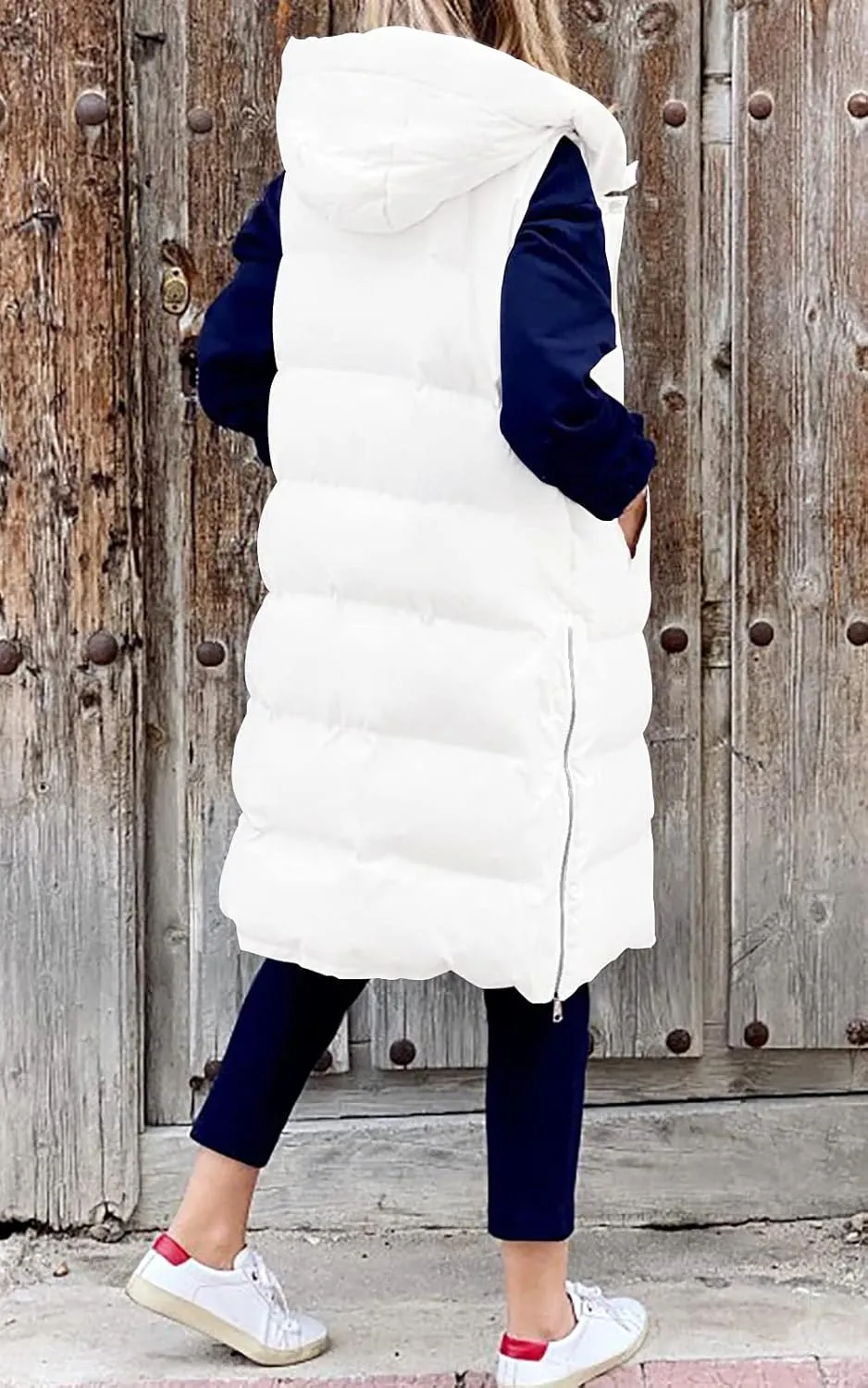 LEANI Womens Long Puffer Vest Full-Zip Hooded Sleeveless Jacket Coats with Pockets