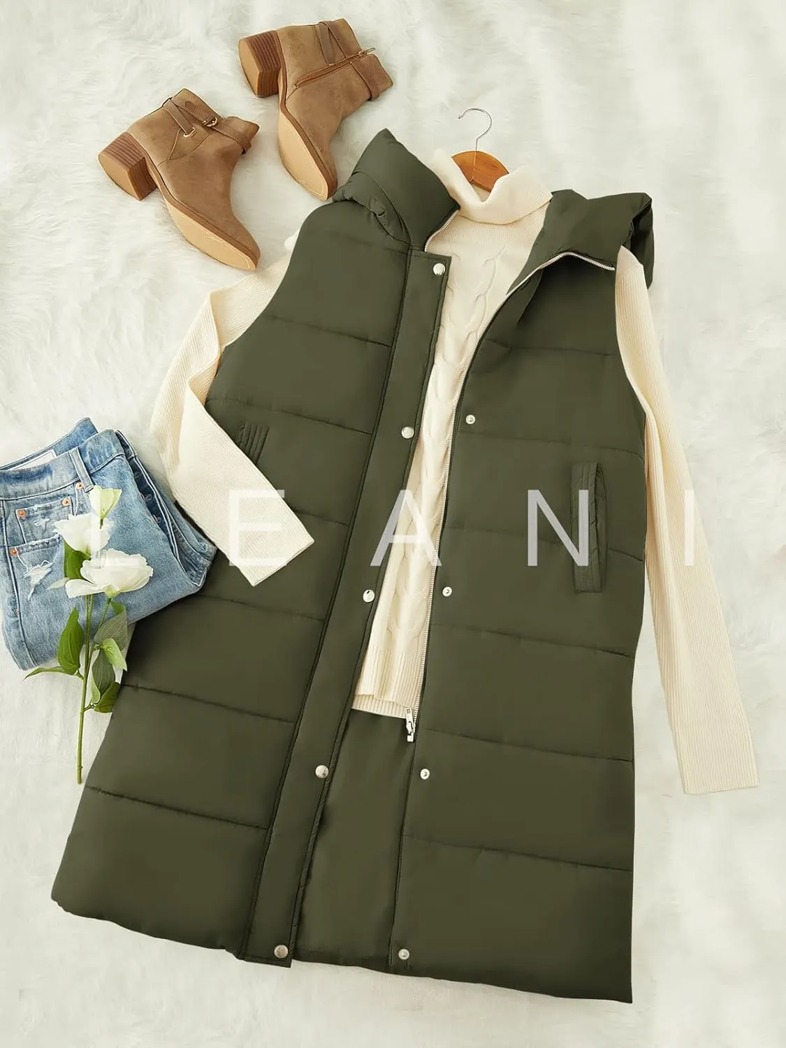 LEANI Womens Long Puffer Vest Full-Zip Hooded Sleeveless Jacket Coats with Pockets