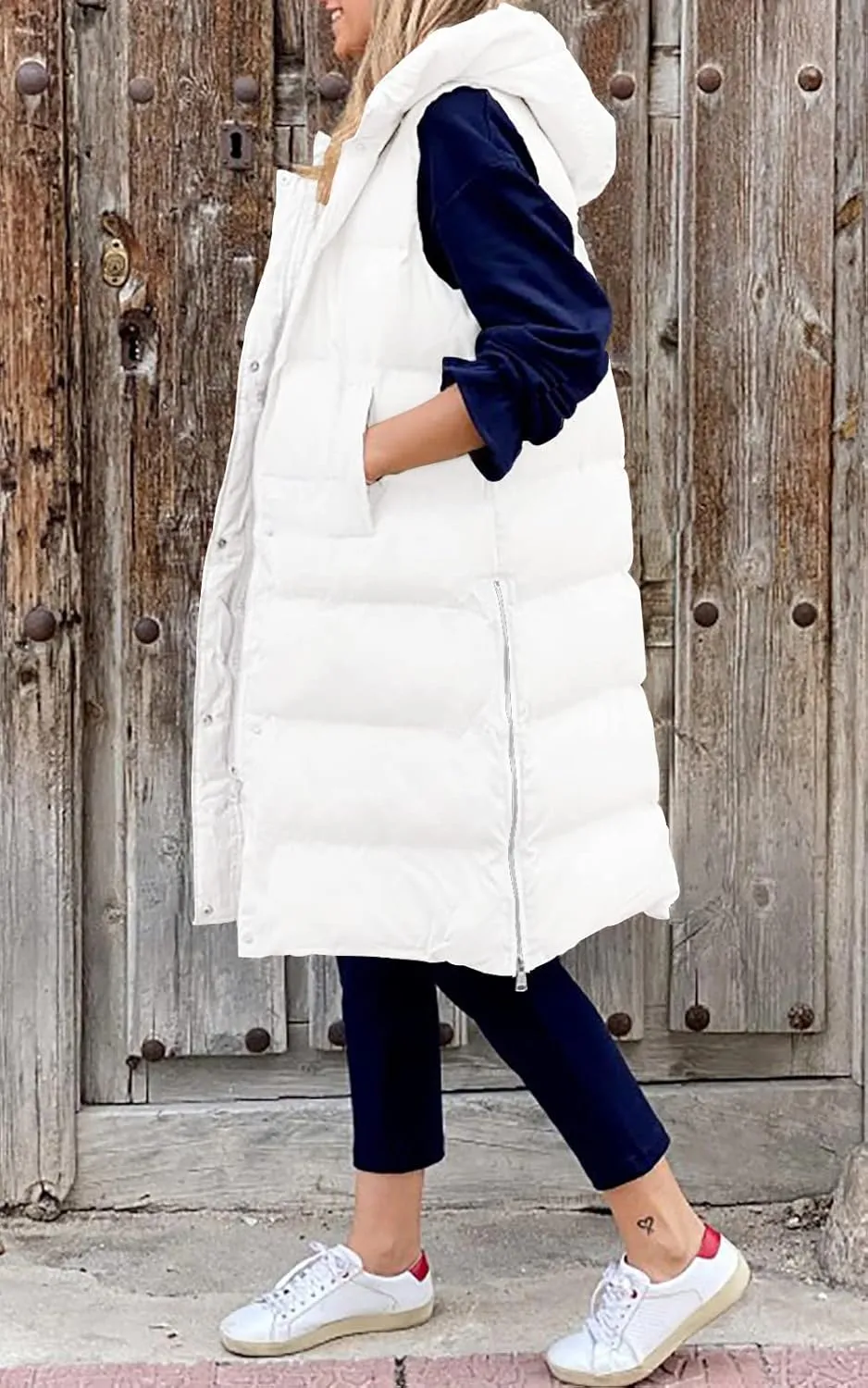 LEANI Womens Long Puffer Vest Full-Zip Hooded Sleeveless Jacket Coats with Pockets