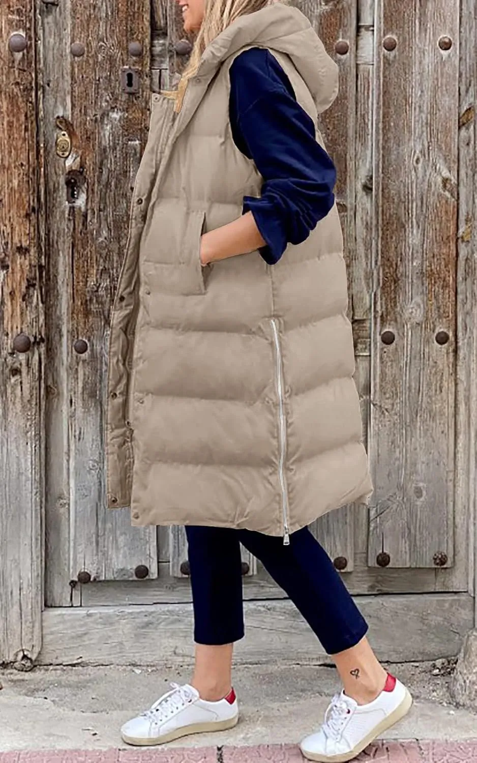LEANI Womens Long Puffer Vest Full-Zip Hooded Sleeveless Jacket Coats with Pockets