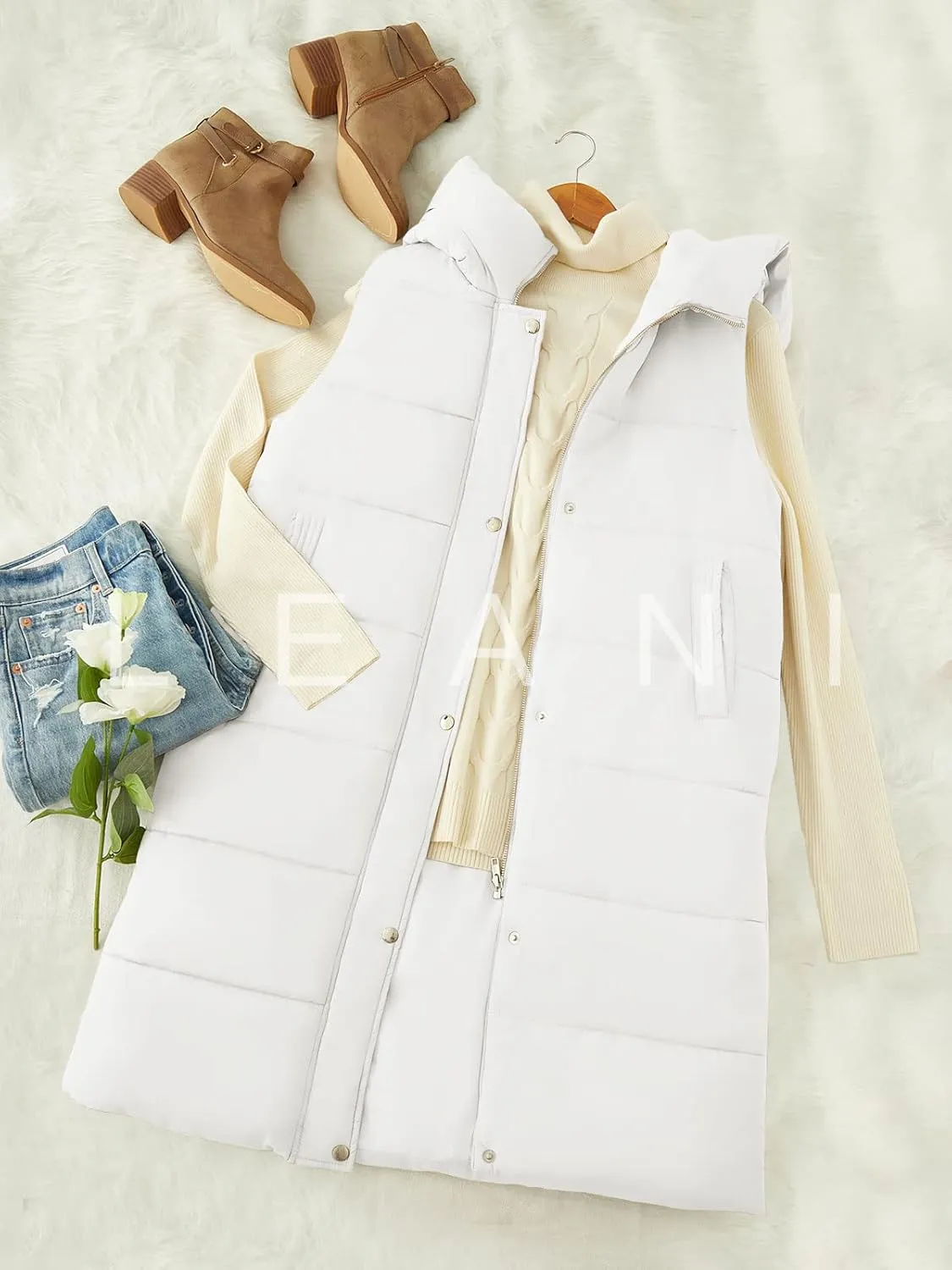 LEANI Womens Long Puffer Vest Full-Zip Hooded Sleeveless Jacket Coats with Pockets