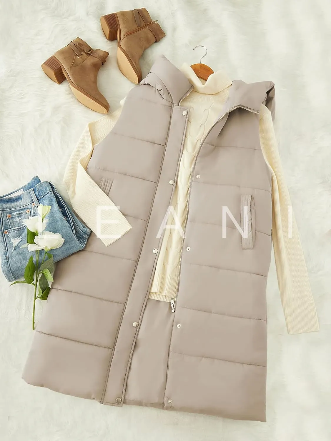 LEANI Womens Long Puffer Vest Full-Zip Hooded Sleeveless Jacket Coats with Pockets