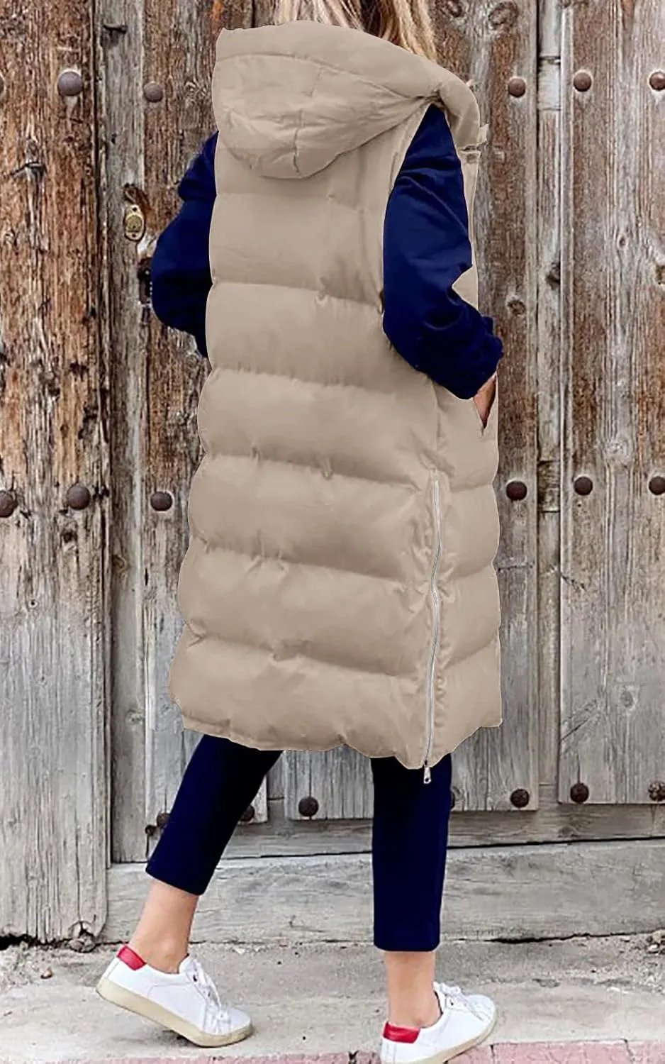 LEANI Womens Long Puffer Vest Full-Zip Hooded Sleeveless Jacket Coats with Pockets
