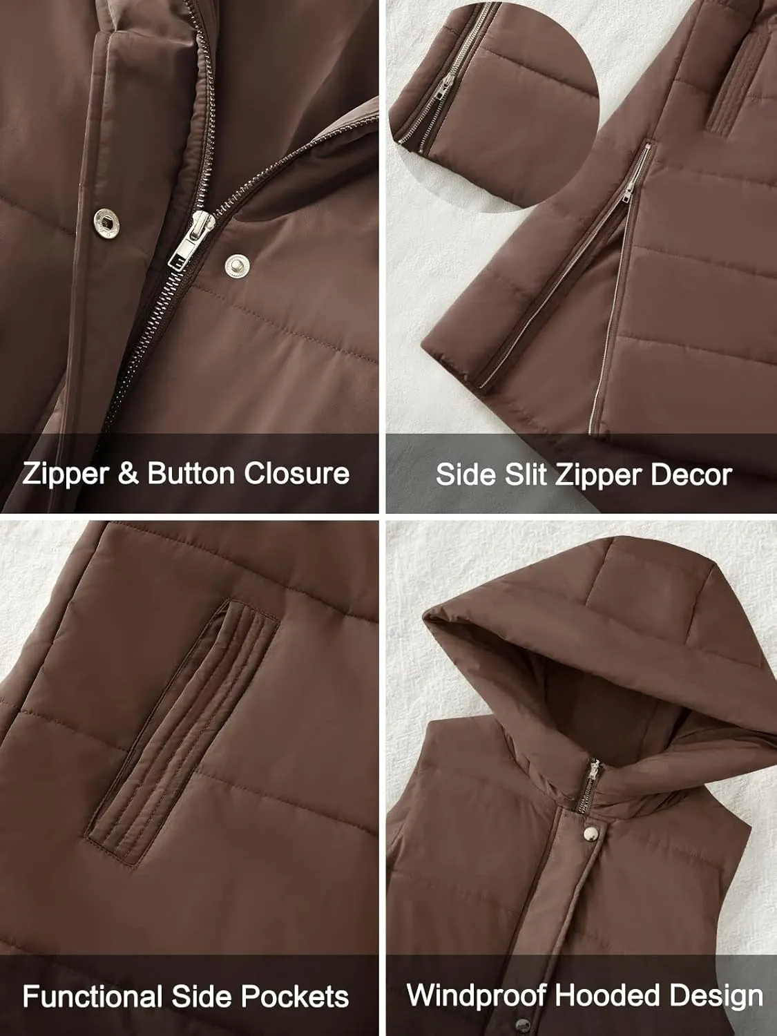 LEANI Womens Long Puffer Vest Full-Zip Hooded Sleeveless Jacket Coats with Pockets