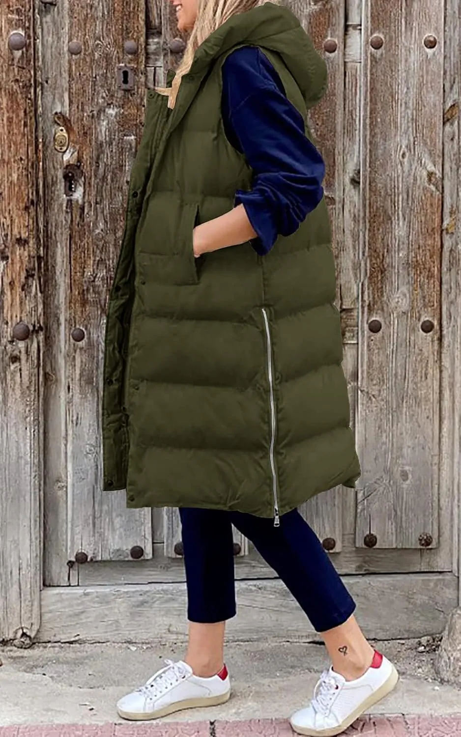 LEANI Womens Long Puffer Vest Full-Zip Hooded Sleeveless Jacket Coats with Pockets