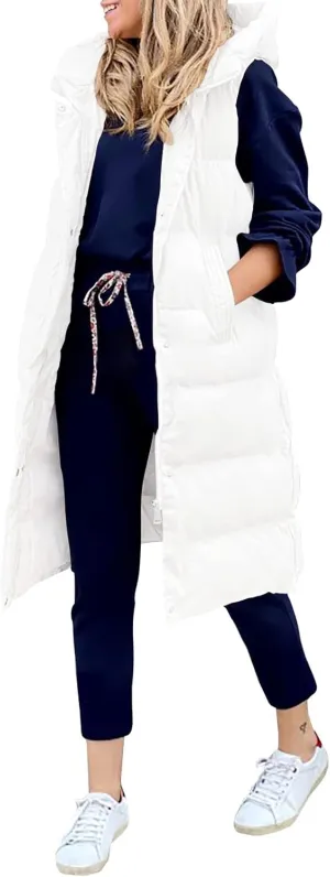 LEANI Womens Long Puffer Vest Full-Zip Hooded Sleeveless Jacket Coats with Pockets