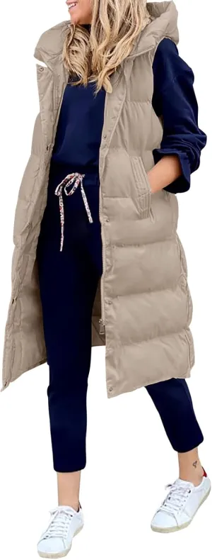 LEANI Womens Long Puffer Vest Full-Zip Hooded Sleeveless Jacket Coats with Pockets