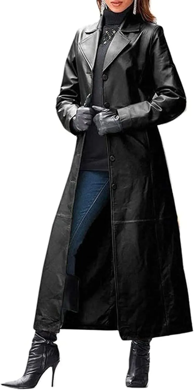 Leather Coat for Women - Women's Sexy Trench Coats Button Jacket Long Faux Pu Leather Jackets,Slim Fit Maxi Coat,Trench Coat Outerwear (Color : Black, Size : X-Large)
