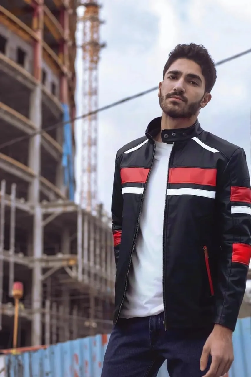 Leather Jacket For Men | Genuine Leather Handmade Motorcycle Jacket Contrast Stripes Viscose Lining Moto Style