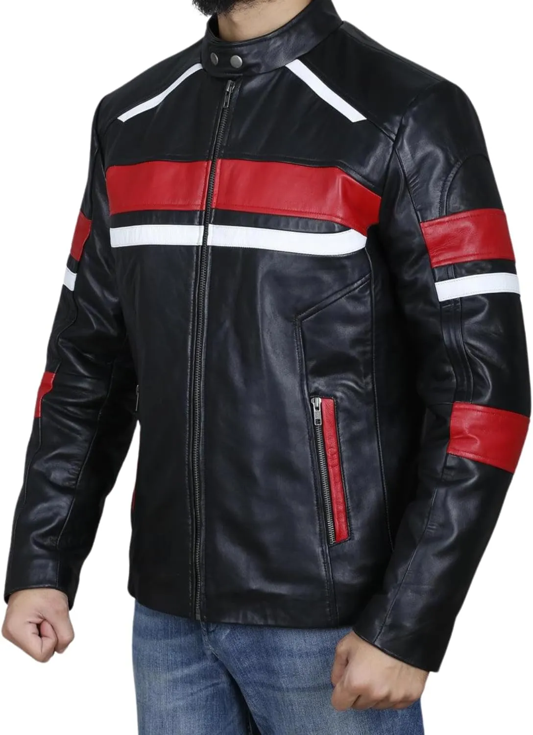 Leather Jacket For Men | Genuine Leather Handmade Motorcycle Jacket Contrast Stripes Viscose Lining Moto Style