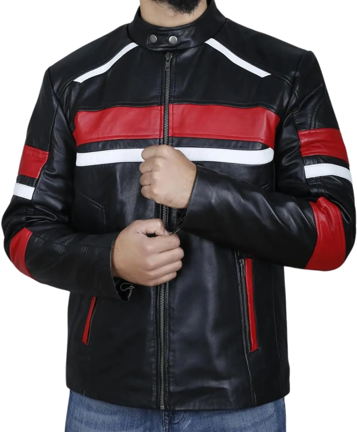 Leather Jacket For Men | Genuine Leather Handmade Motorcycle Jacket Contrast Stripes Viscose Lining Moto Style