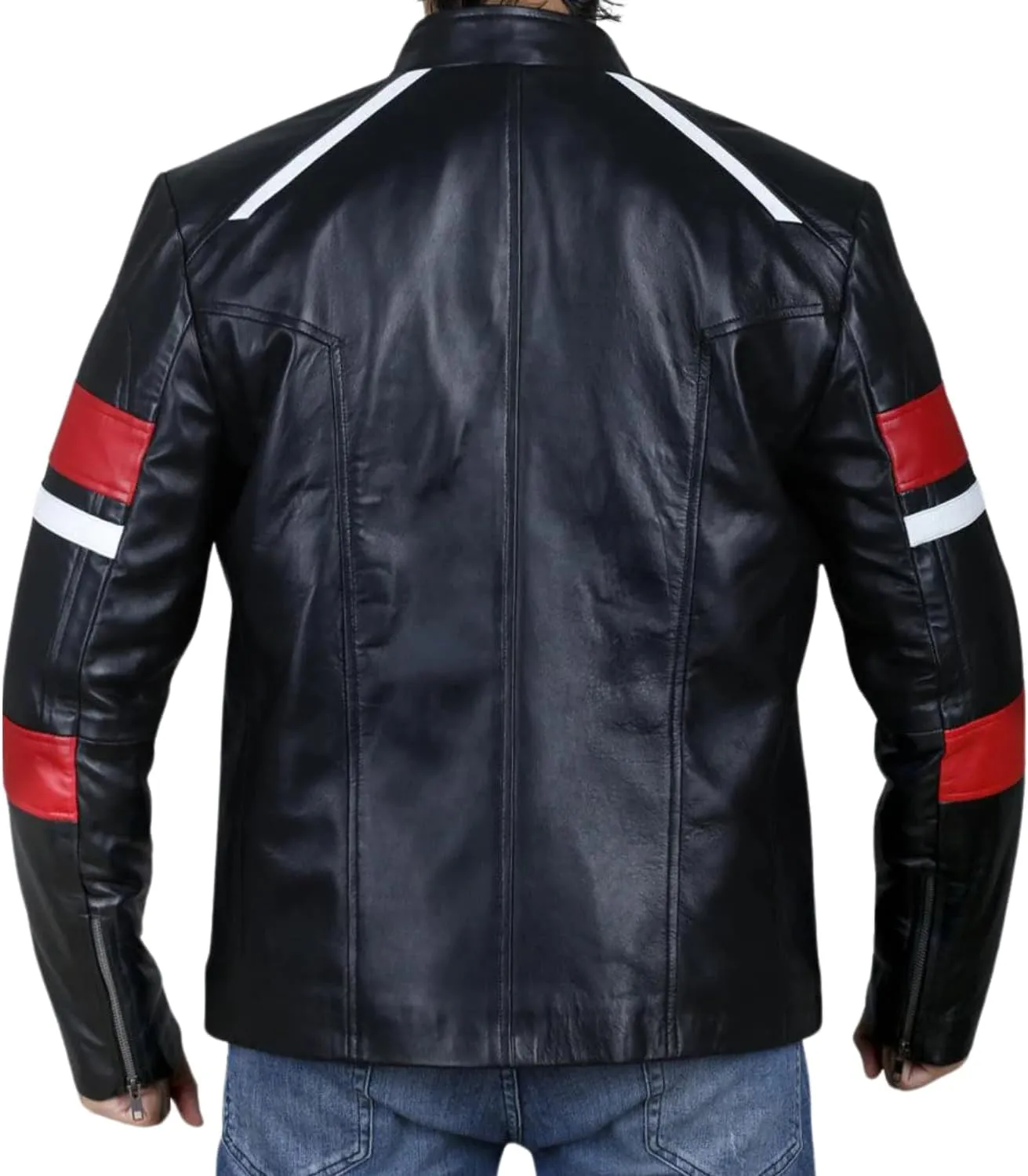 Leather Jacket For Men | Genuine Leather Handmade Motorcycle Jacket Contrast Stripes Viscose Lining Moto Style