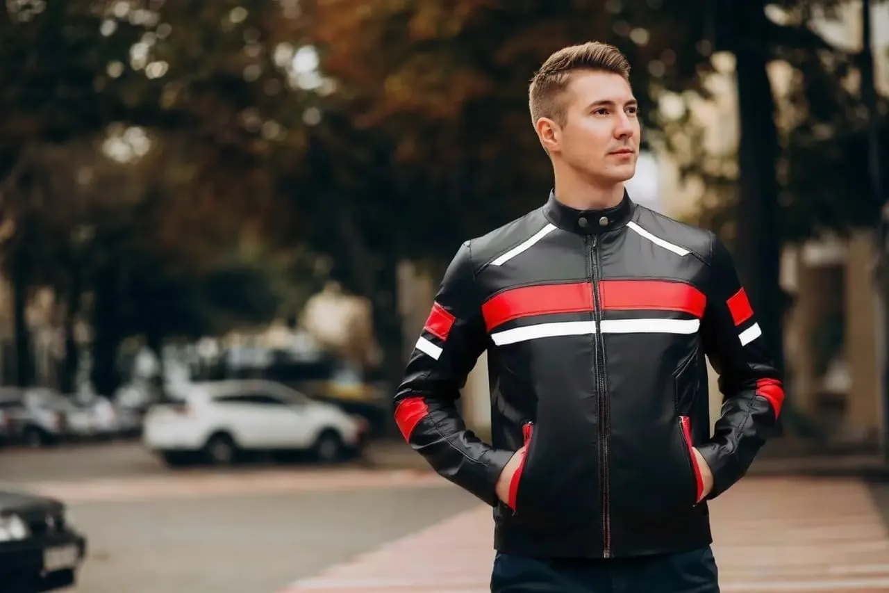 Leather Jacket For Men | Genuine Leather Handmade Motorcycle Jacket Contrast Stripes Viscose Lining Moto Style