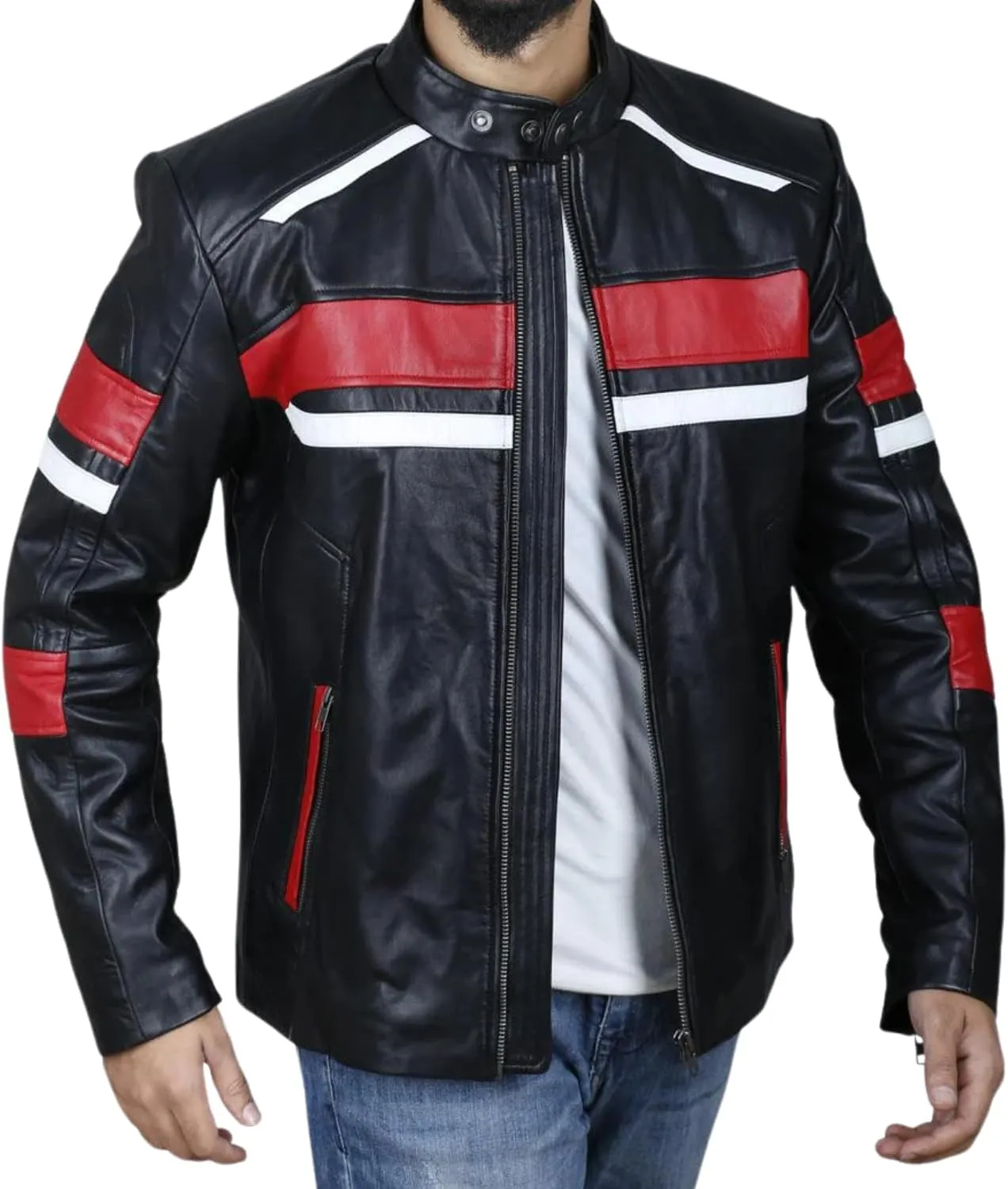 Leather Jacket For Men | Genuine Leather Handmade Motorcycle Jacket Contrast Stripes Viscose Lining Moto Style