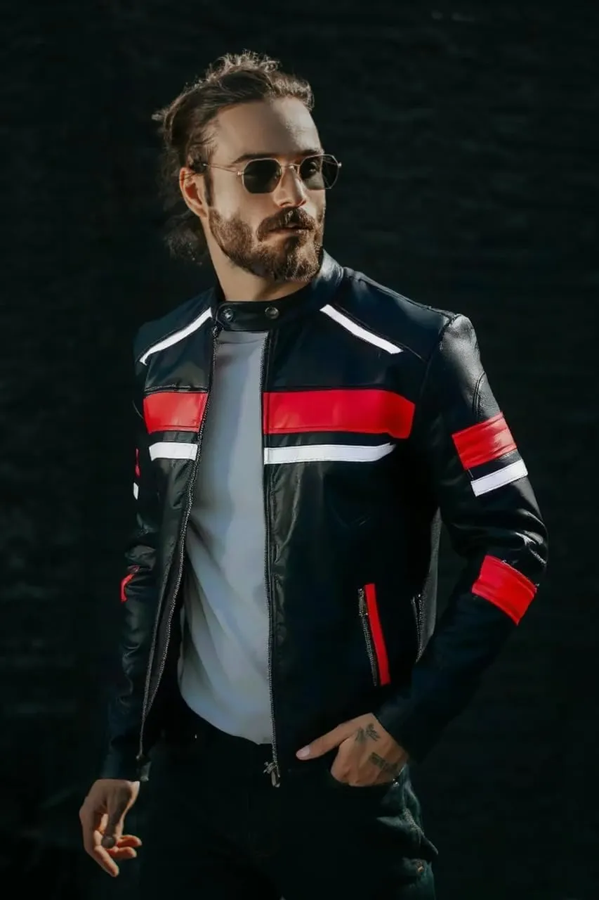 Leather Jacket For Men | Genuine Leather Handmade Motorcycle Jacket Contrast Stripes Viscose Lining Moto Style