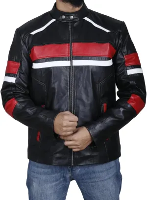 Leather Jacket For Men | Genuine Leather Handmade Motorcycle Jacket Contrast Stripes Viscose Lining Moto Style