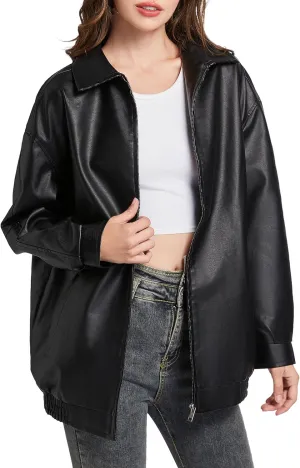 Leather Jacket Women Faux Leather Motorcycle Biker Coat Outerwear Oversized Bomber Jackets Fashion Clothes