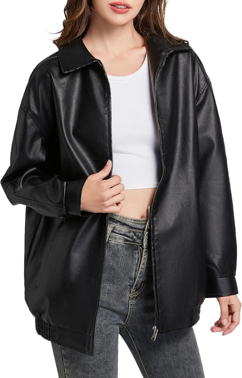 Leather Jacket Women Faux Leather Motorcycle Biker Coat Outerwear Oversized Bomber Jackets Fashion Clothes