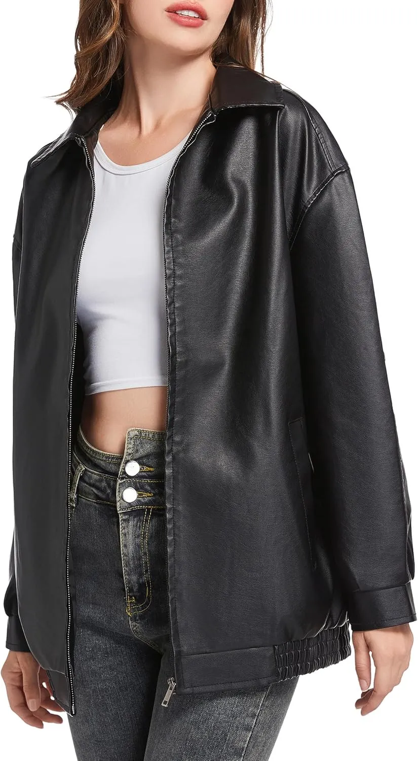 Leather Jacket Women Faux Leather Motorcycle Biker Coat Outerwear Oversized Bomber Jackets Fashion Clothes