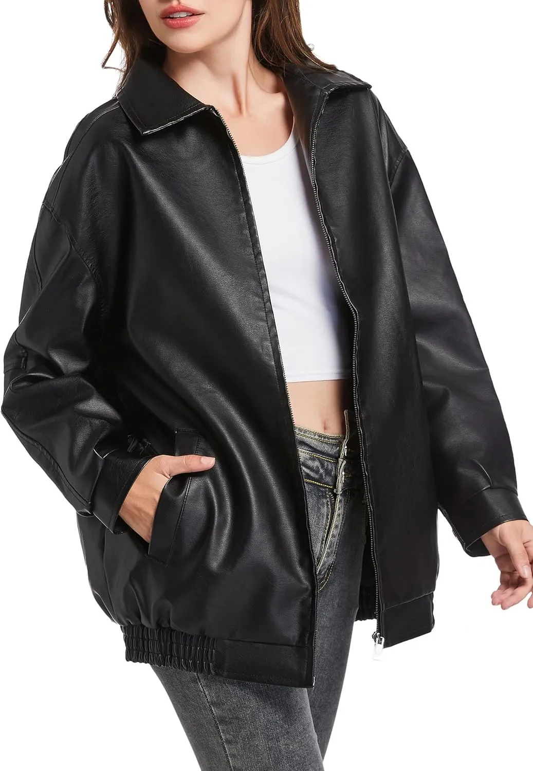 Leather Jacket Women Faux Leather Motorcycle Biker Coat Outerwear Oversized Bomber Jackets Fashion Clothes