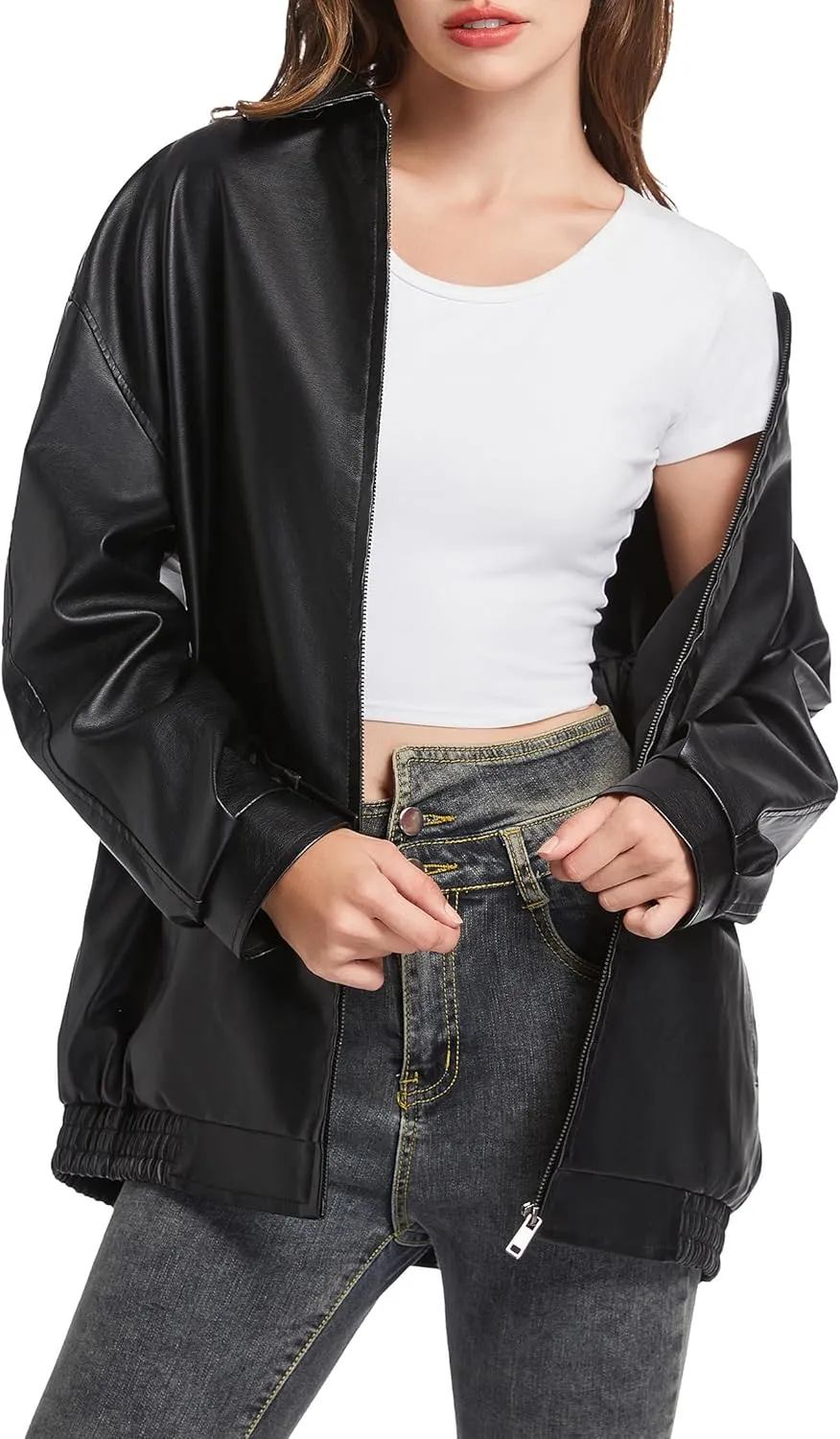 Leather Jacket Women Faux Leather Motorcycle Biker Coat Outerwear Oversized Bomber Jackets Fashion Clothes