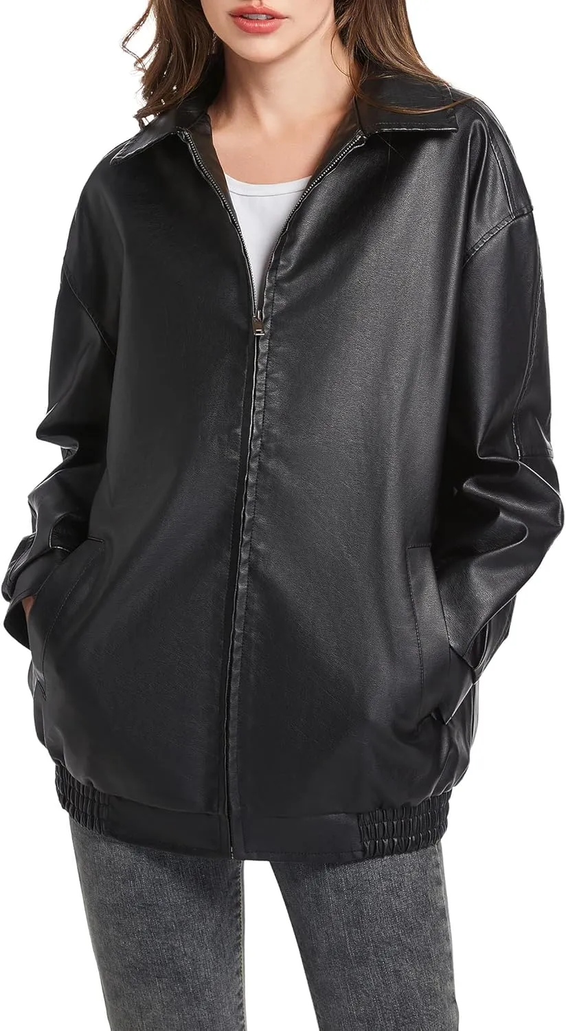 Leather Jacket Women Faux Leather Motorcycle Biker Coat Outerwear Oversized Bomber Jackets Fashion Clothes
