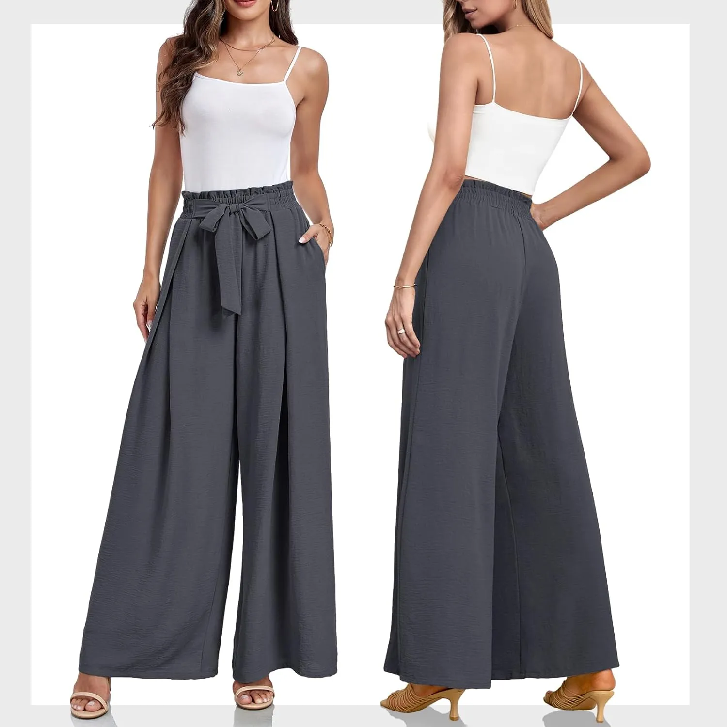 Lepunuo Wide Leg Pants for Women High Waisted Palazzo Pants Work Casual Flowy Tie Knot Trousers with Pockets