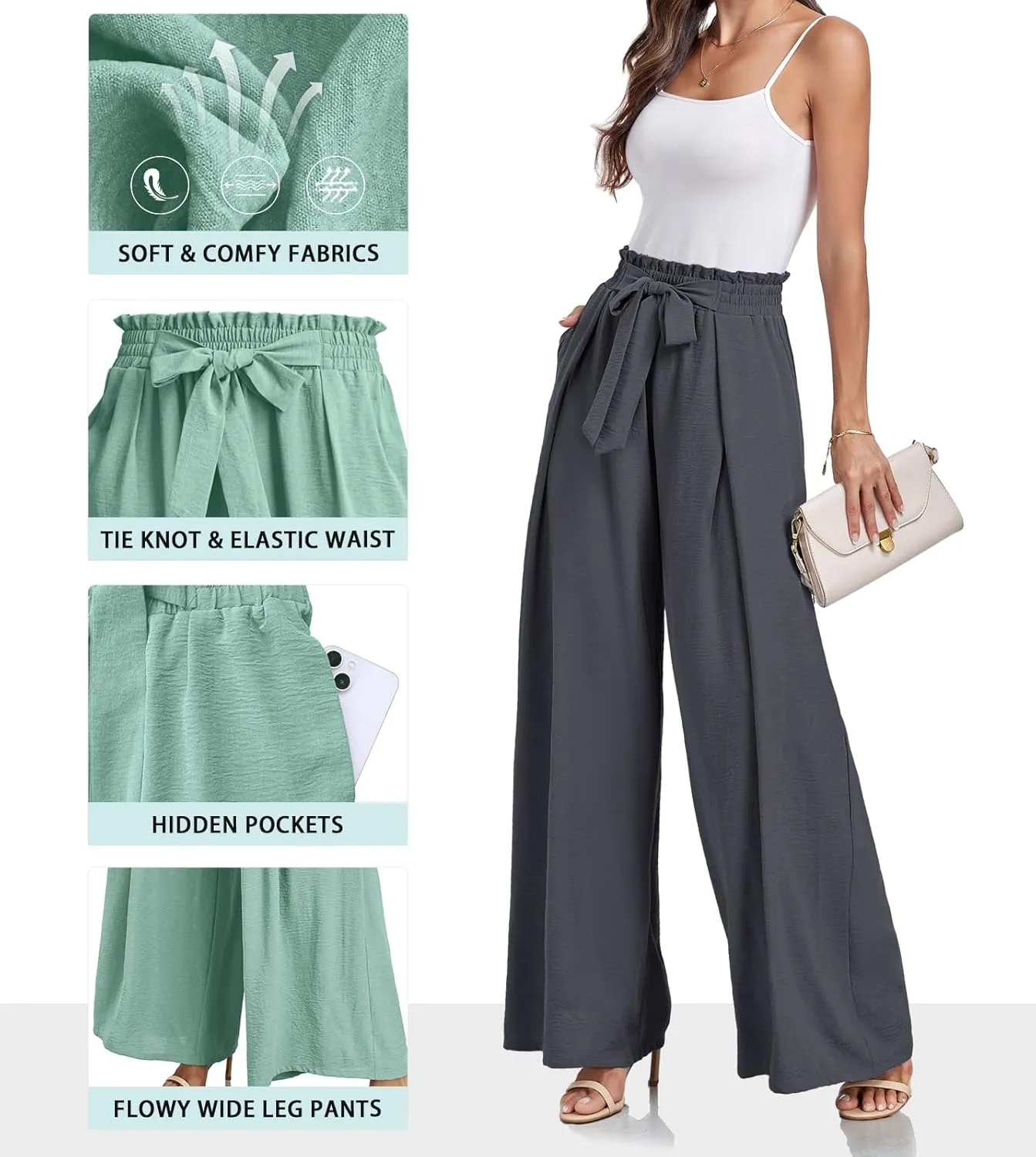 Lepunuo Wide Leg Pants for Women High Waisted Palazzo Pants Work Casual Flowy Tie Knot Trousers with Pockets