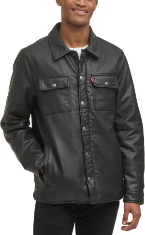 Levi's Men's Buffed Cow Faux Leather Hooded Trucker Jacket, New Black, XL