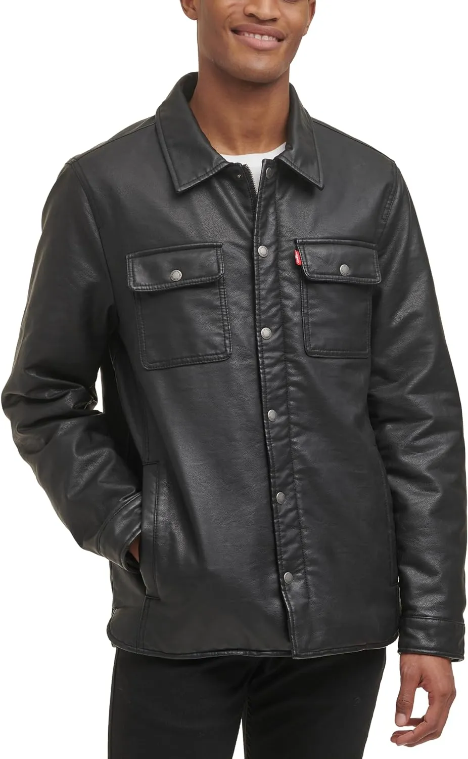 Levi's Men's Buffed Cow Faux Leather Hooded Trucker Jacket, New Black, XL