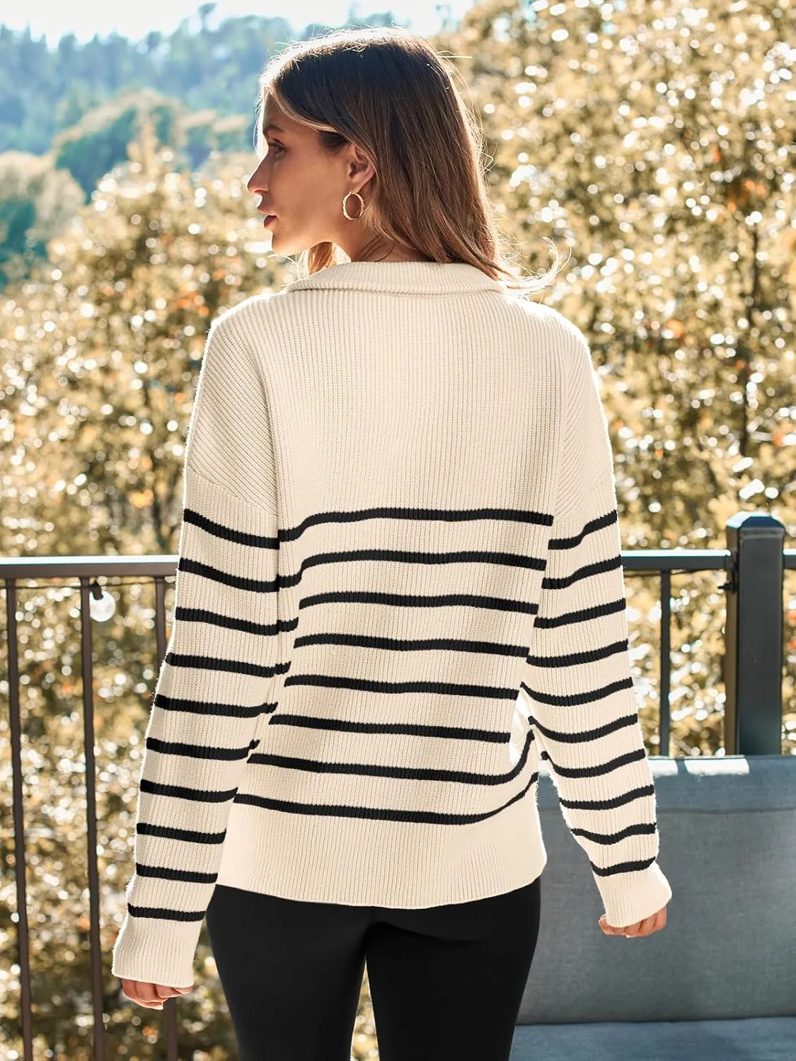 LILLUSORY Women's Quarter Zip Striped Oversized Sweater Mock Turtleneck Pullover Fall Fashion Outfit Winter Trendy Clothes