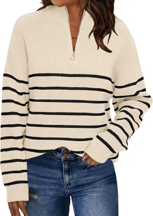 LILLUSORY Women's Quarter Zip Striped Oversized Sweater Mock Turtleneck Pullover Fall Fashion Outfit Winter Trendy Clothes