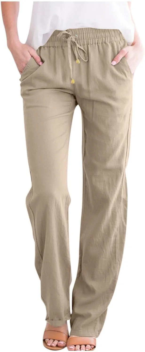 Linen Pants Women Summer Casual Lightweight Elastic High Waisted Work Pants Loose Fit Trouser Pants with Pockets