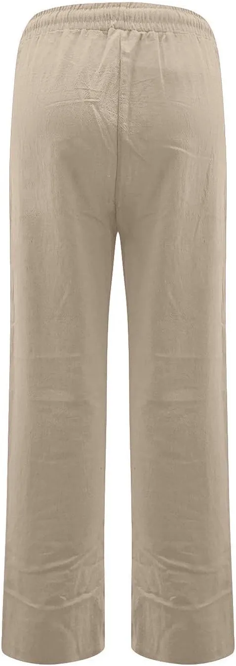 Linen Pants Women Summer Casual Lightweight Elastic High Waisted Work Pants Loose Fit Trouser Pants with Pockets