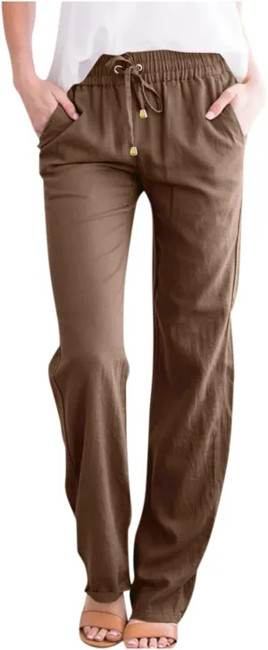 Linen Pants Women Summer Casual Lightweight Elastic High Waisted Work Pants Loose Fit Trouser Pants with Pockets