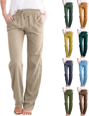Linen Pants Women Summer Casual Lightweight Elastic High Waisted Work Pants Loose Fit Trouser Pants with Pockets
