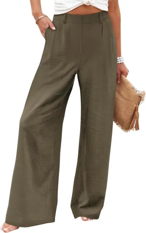 Linen Wide Leg Dress Pants Women High Elastic Wasided in The Back Work Pants Lounge Trousers with Pockets