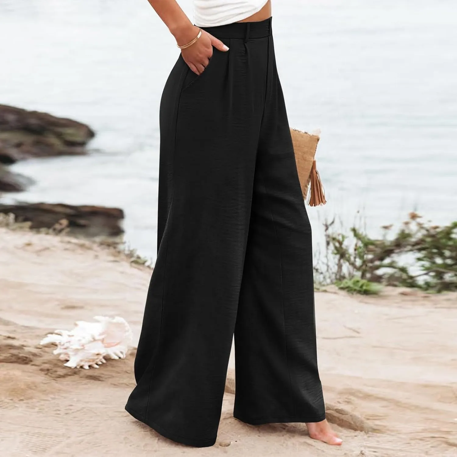 Linen Wide Leg Dress Pants Women High Elastic Wasided in The Back Work Pants Lounge Trousers with Pockets