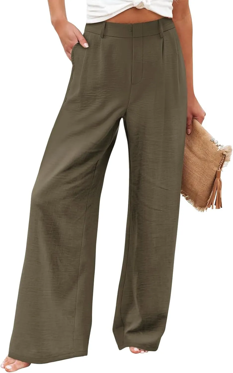 Linen Wide Leg Dress Pants Women High Elastic Wasided in The Back Work Pants Lounge Trousers with Pockets