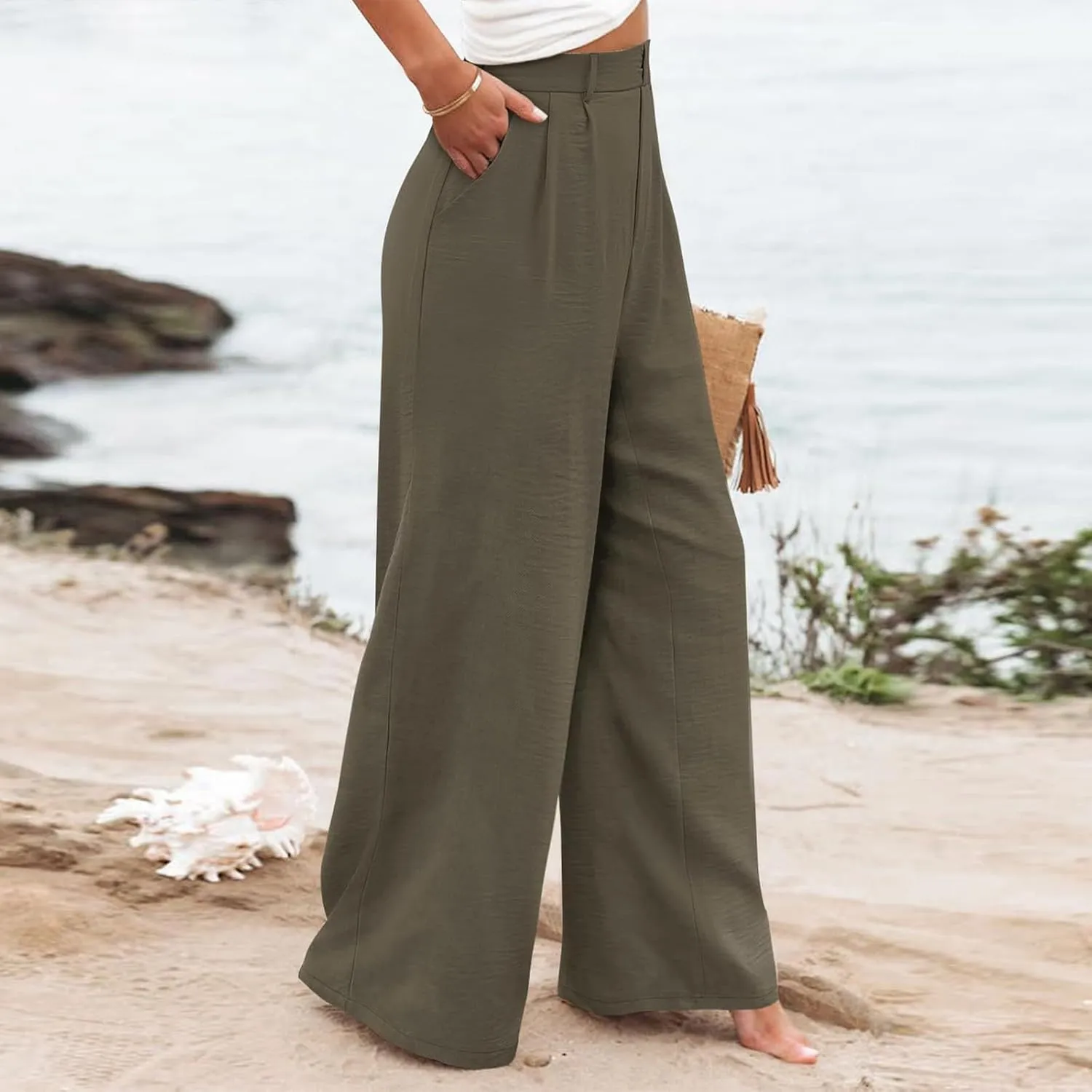 Linen Wide Leg Dress Pants Women High Elastic Wasided in The Back Work Pants Lounge Trousers with Pockets