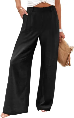 Linen Wide Leg Dress Pants Women High Elastic Wasided in The Back Work Pants Lounge Trousers with Pockets