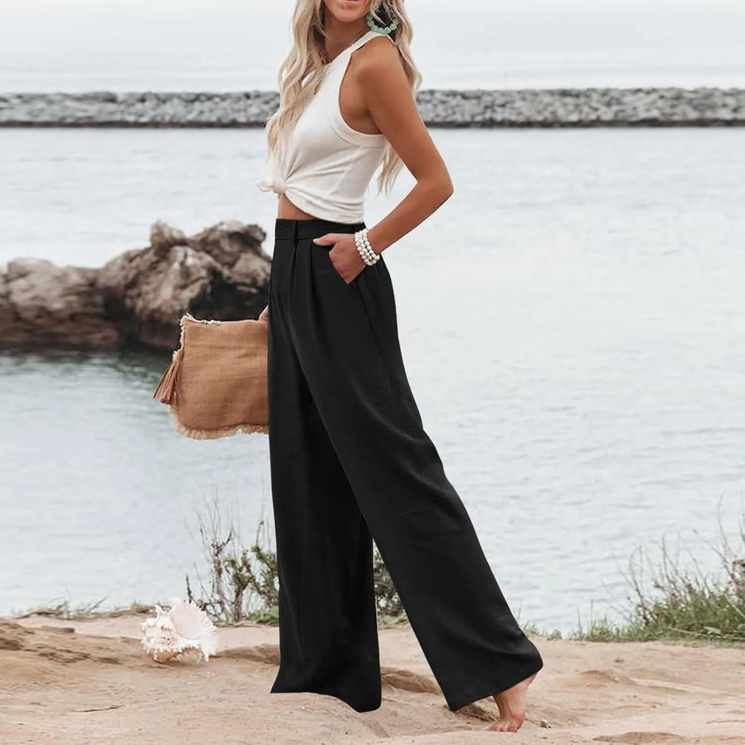Linen Wide Leg Dress Pants Women High Elastic Wasided in The Back Work Pants Lounge Trousers with Pockets