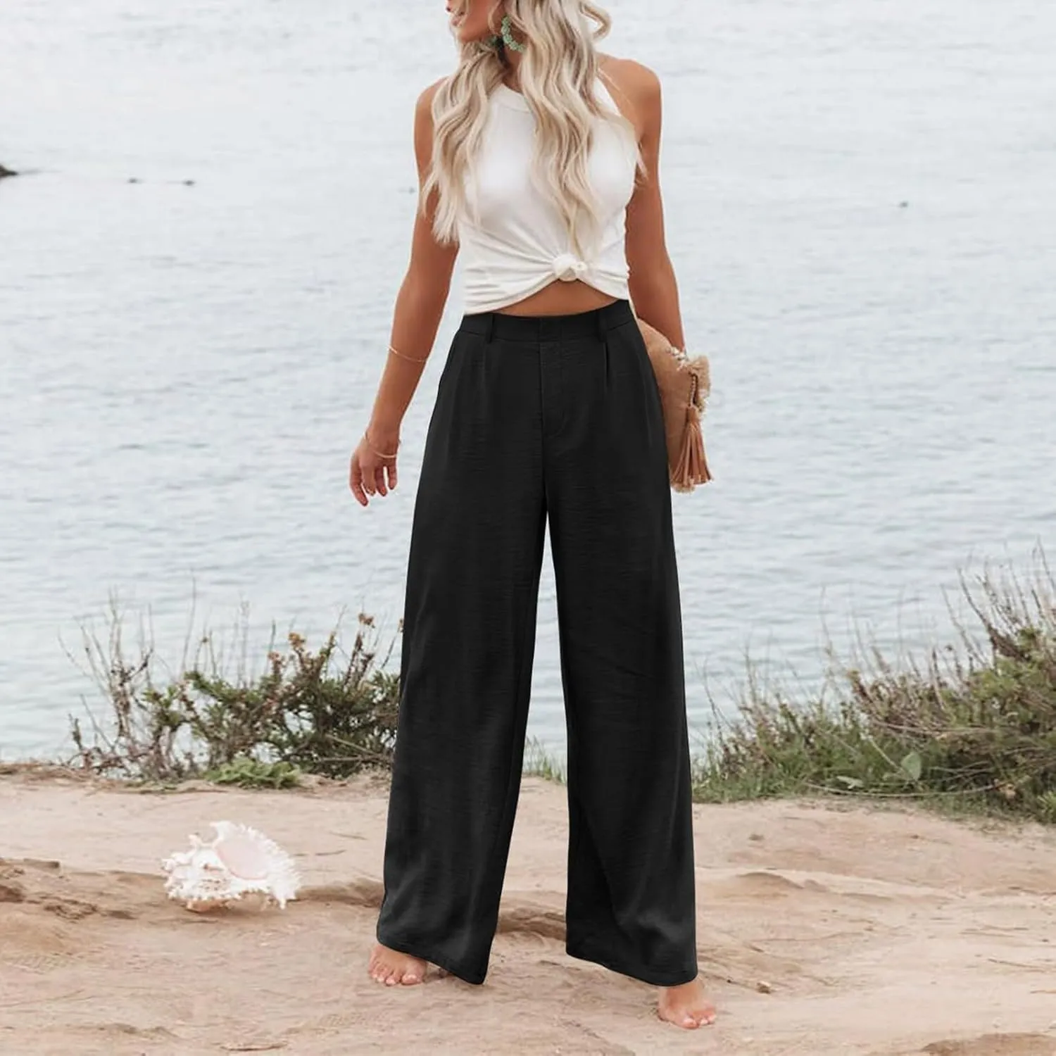 Linen Wide Leg Dress Pants Women High Elastic Wasided in The Back Work Pants Lounge Trousers with Pockets